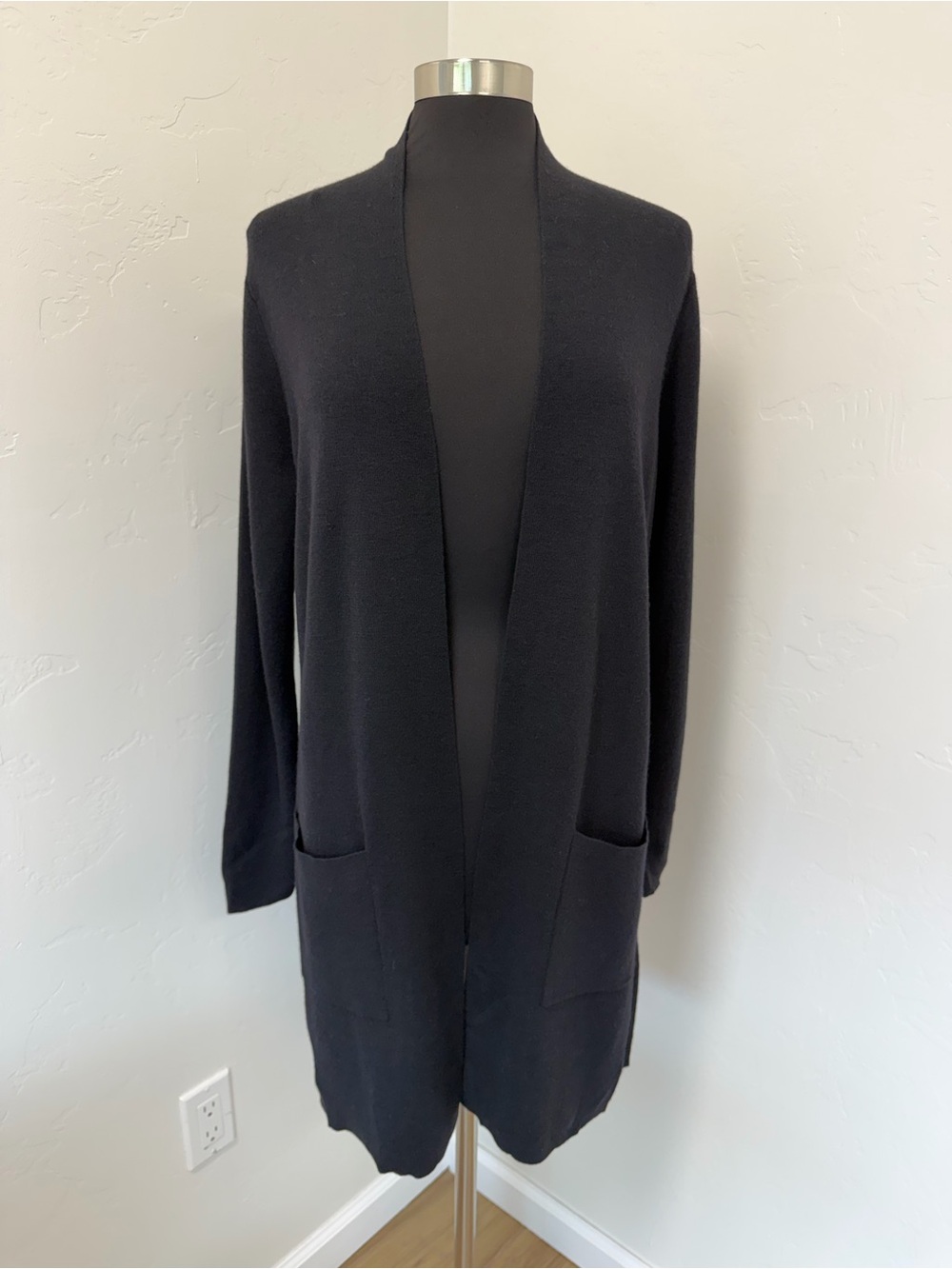 Eileen Fisher Black Wool Long Open-Front Long Sleeve Cardigan Size M - Picture 2 of 11
